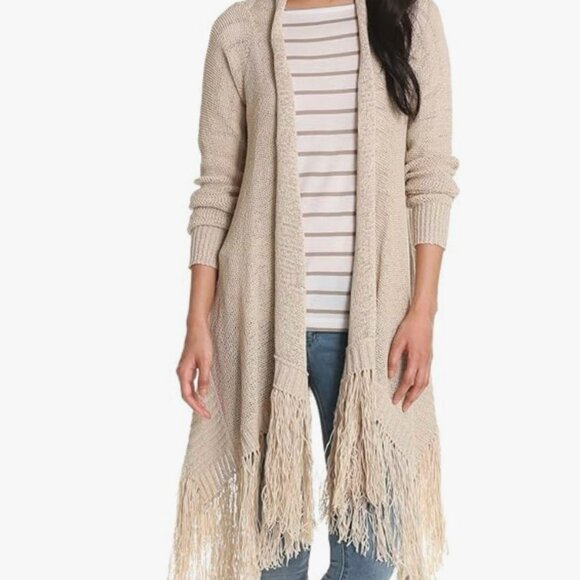 BCBGMaxAzria Cardigan Sweater Women Medium Beige Cotton Blend Fringe Waterfall - Picture 1 of 11